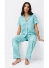 Kadın Su Yeşili Pötikareli Kısa Kollu Önden Düğmeli Pantolonlu Pamuklu Pijama Takımı