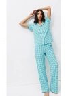 Kadın Su Yeşili Pötikareli Kısa Kollu Önden Düğmeli Pantolonlu Pamuklu Pijama Takımı