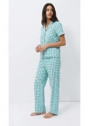 Kadın Su Yeşili Pötikareli Kısa Kollu Önden Düğmeli Pantolonlu Pamuklu Pijama Takımı