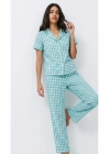 Kadın Su Yeşili Pötikareli Kısa Kollu Önden Düğmeli Pantolonlu Pamuklu Pijama Takımı