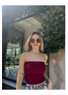 bysoca Kadın Bordo Straplez Kaşkorse Fitilli Sırtı Açık Basic Crop Top Büstiyer Bluz