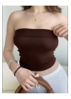 bysoca Kadın Kahverengi Straplez Kaşkorse Fitilli Sırtı Açık Basic Crop Top Büstiyer Bluz