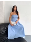 Straplez Pileli Elbise - Açık Mavi