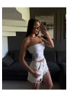 bysoca Kadın Beyaz Yanı Beyaz Şeritli Yazlık Straplez Crop Top Sporcu Büstiyer