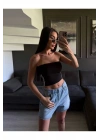 bysoca Kadın Siyah Yanı Beyaz Şeritli Yazlık Straplez Crop Top Sporcu Büstiyer