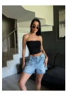 bysoca Kadın Siyah Yanı Beyaz Şeritli Yazlık Straplez Crop Top Sporcu Büstiyer