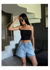 bysoca Kadın Siyah Yanı Beyaz Şeritli Yazlık Straplez Crop Top Sporcu Büstiyer