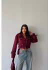 SÜET CROP CEKET KOL 3 KEMER DETAYLI - Bordo