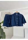 Taş Detaylı Gömlek Şort Denim Takım 10175