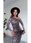 Kadın Leopar Desenli Tek Omuz Açık Drapeli Büzgülü Uzun Kollu Bodycon Dar Kalıp Midi Elbise
