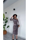 Kadın Leopar Desenli Tek Omuz Açık Drapeli Büzgülü Uzun Kollu Bodycon Dar Kalıp Midi Elbise