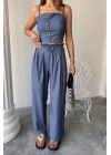 TENCEL CROP ASKILI BLUZ - ŞALVAR PANTOLON TK - İndigo