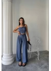 TENCEL CROP ASKILI BLUZ - ŞALVAR PANTOLON TK - İndigo