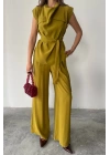 TENCEL MODAL KOLSUZ BLUZ KAPALI CEP DETAYLI DÖKÜMLÜ - PANTOLON TAKIM - Yağ Yeşili