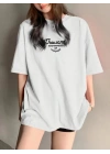 Thousand Baskılı Oversize Bisiklet Yaka T-shirt - Beyaz