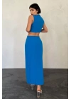 Turkuaz Kuşaklı Crop Ve Etek Takım