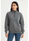bysoca Kadın Dik Yaka Yarım Fermuarlı Düşük Omuz Uzun Kol Ribanalı Rahat Kalıp Sweatshirt - Antrasit