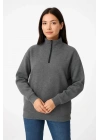 bysoca Kadın Dik Yaka Yarım Fermuarlı Düşük Omuz Uzun Kol Ribanalı Rahat Kalıp Sweatshirt - Antrasit