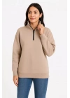 bysoca Kadın Dik Yaka Yarım Fermuarlı Düşük Omuz Uzun Kollu Ribanalı Rahat Kalıp Sweatshirt - Bej