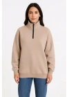 bysoca Kadın Dik Yaka Yarım Fermuarlı Düşük Omuz Uzun Kollu Ribanalı Rahat Kalıp Sweatshirt - Bej
