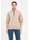 bysoca Kadın Dik Yaka Yarım Fermuarlı Düşük Omuz Uzun Kollu Ribanalı Rahat Kalıp Sweatshirt - Bej
