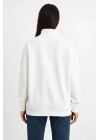 bysoca Kadın Dik Yaka Yarım Fermuarlı Düşük Omuz Uzun Kollu Ribanalı Rahat Kalıp Sweatshirt - Beyaz