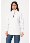 bysoca Kadın Dik Yaka Yarım Fermuarlı Düşük Omuz Uzun Kollu Ribanalı Rahat Kalıp Sweatshirt - Beyaz