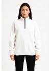 bysoca Kadın Dik Yaka Yarım Fermuarlı Düşük Omuz Uzun Kollu Ribanalı Rahat Kalıp Sweatshirt - Beyaz