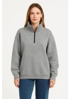 bysoca Kadın Dik Yaka Yarım Fermuarlı Düşük Omuz Uzun Kollu Ribanalı Rahat Kalıp Sweatshirt - Gri