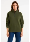 bysoca Kadın Dik Yaka Yarım Fermuarlı Düşük Omuz Uzun Kollu Ribanalı Rahat Kalıp Sweatshirt - Haki