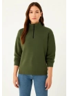 bysoca Kadın Dik Yaka Yarım Fermuarlı Düşük Omuz Uzun Kollu Ribanalı Rahat Kalıp Sweatshirt - Haki