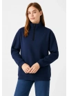 bysoca Kadın Dik Yaka Yarım Fermuarlı Düşük Omuz Uzun Kol Ribanalı Rahat Kalıp Sweatshirt - Lacivert
