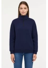 bysoca Kadın Dik Yaka Yarım Fermuarlı Düşük Omuz Uzun Kol Ribanalı Rahat Kalıp Sweatshirt - Lacivert