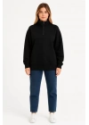 bysoca Kadın Dik Yaka Yarım Fermuarlı Düşük Omuz Uzun Kollu Ribanalı Rahat Kalıp Sweatshirt - Siyah