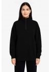 bysoca Kadın Dik Yaka Yarım Fermuarlı Düşük Omuz Uzun Kollu Ribanalı Rahat Kalıp Sweatshirt - Siyah