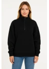 bysoca Kadın Dik Yaka Yarım Fermuarlı Düşük Omuz Uzun Kollu Ribanalı Rahat Kalıp Sweatshirt - Siyah