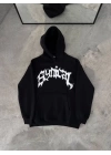Üç İplik Kapşonlu Baskılı Oversize SweatShirt- Siyah