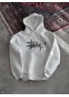 Üç İplik Kapşonlu Baskılı SweatShirt - Beyaz