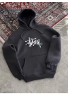 Üç İplik Kapşonlu Baskılı SweatShirt - Füme