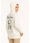 Üç İplik Kapşonlu ön Ve Arka Baskılı SweatShirt Hoodie- Beyaz