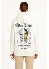 Üç İplik Kapşonlu ön Ve Arka Baskılı SweatShirt Hoodie- Beyaz