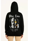 Üç İplik Kapşonlu ön Ve Arka Baskılı SweatShirt Hoodie- Siyah