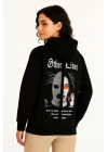 Üç İplik Kapşonlu ön Ve Arka Baskılı SweatShirt Hoodie- Siyah
