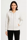 Üç İplik Kapüşonlu Tam Fermuarlı Kanguru Çepli SweatShirt Hoodie - Beyaz