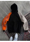 Üç İplik Penye Kapşonlu Parçalı SweatShirt - Siyah