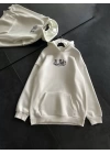 Üç İplik Penye Uzun Kol Kapşonlu Baskılı SweatShirt - Beyaz