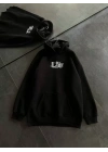 Üç İplik Penye Uzun Kol Kapşonlu Baskılı SweatShirt - Siyah