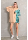 Unisex Bisiklet Yaka Baskılı Oversize T-Shirt - Bej