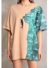 Unisex Bisiklet Yaka Baskılı Oversize T-Shirt - Bej