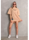 Unisex Bisiklet Yaka Baskılı Oversize T-Shirt - Bej